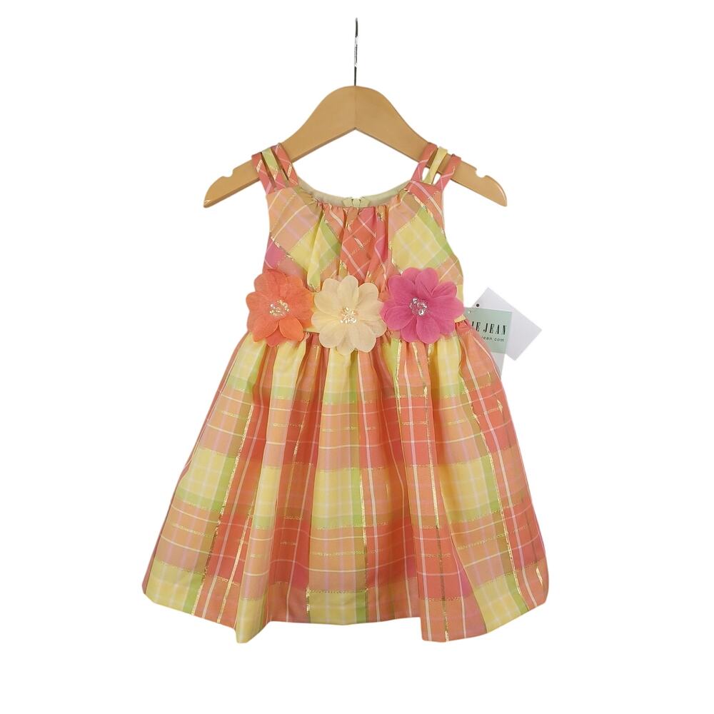 Bonnie Jean Girls Plaid Flower Applique Party Dress 2T Coral Pink Sleeveless NWT